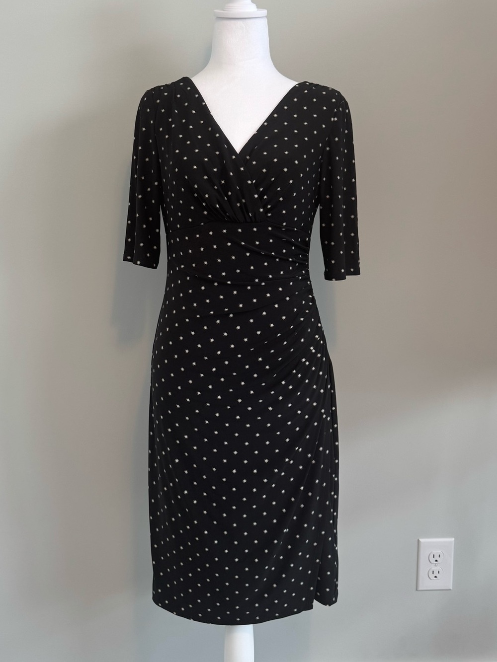 Lauren Ralph Lauren Black & White Star Print Faux Wrap Midi Dress Size 6